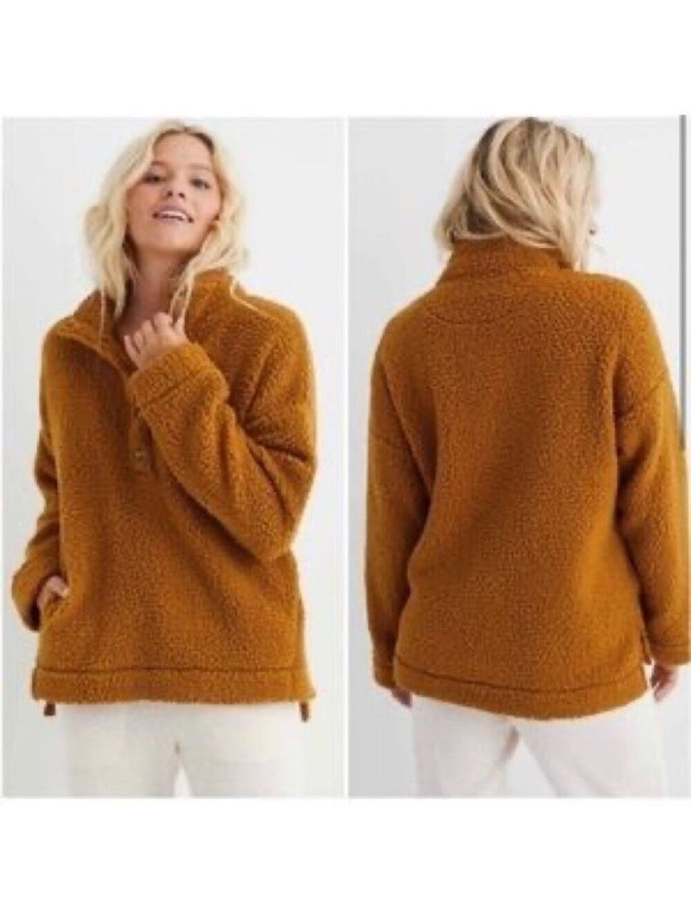 Aerie Oversized Cloud Sherpa Quarter Snap Pullover Brown Mustard